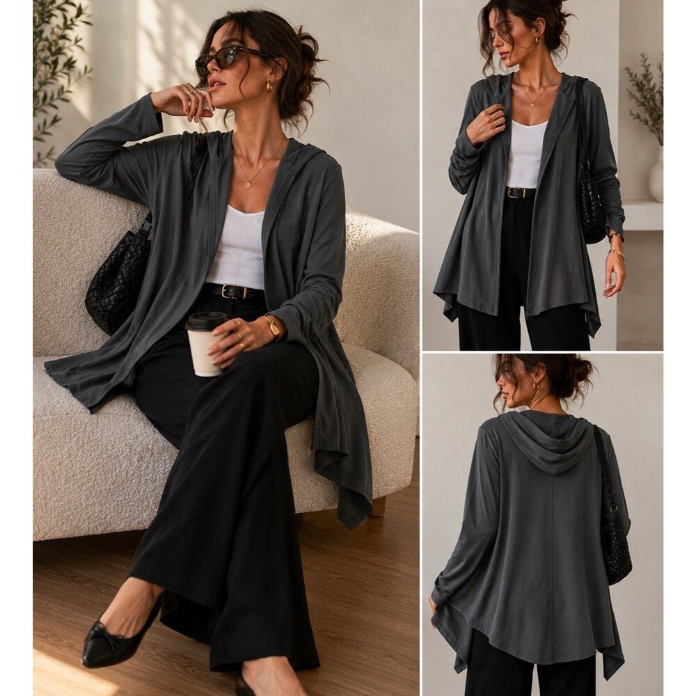 Eileen Fisher Hooded Zip Front Jacket Tunic Cardigan L Gray Olive Green USA EUC